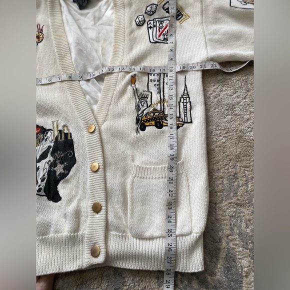 Vintage 90s IB Diffusion White Knit Lined Cardigan Sweater Embroidered Patches S - Picture 9 of 9